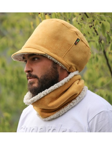 "WARM UP" Rasta hat for dreadlocks with Ocher Suedine & Sherpa fabric, Warm & soft for winter
